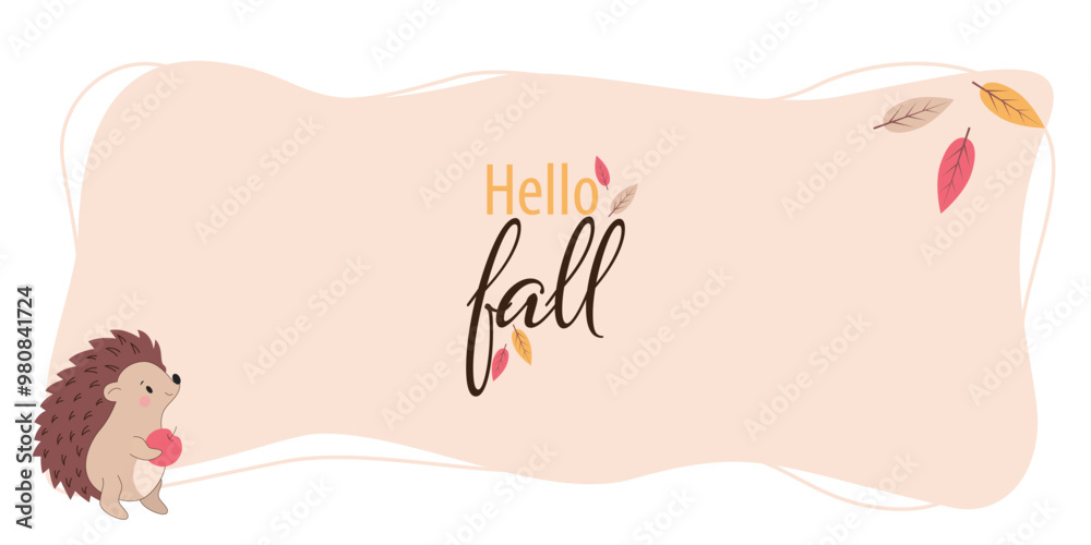 Autumn cute animal. Background with autumn leaves and porcupine. Frame design with cute hedgehog and autumn leaves, nuts, and berries. Vector illustration.