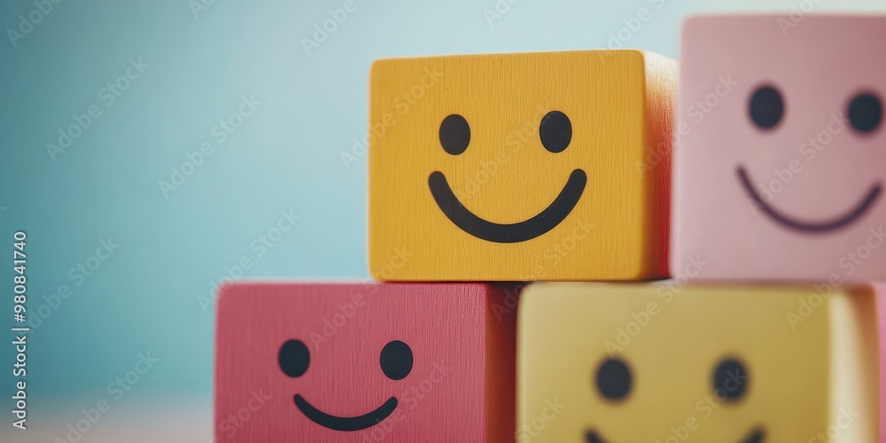Colorful blocks with smiley faces stacked together, creating a cheerful and playful atmosphere, perfect for children's themes.
