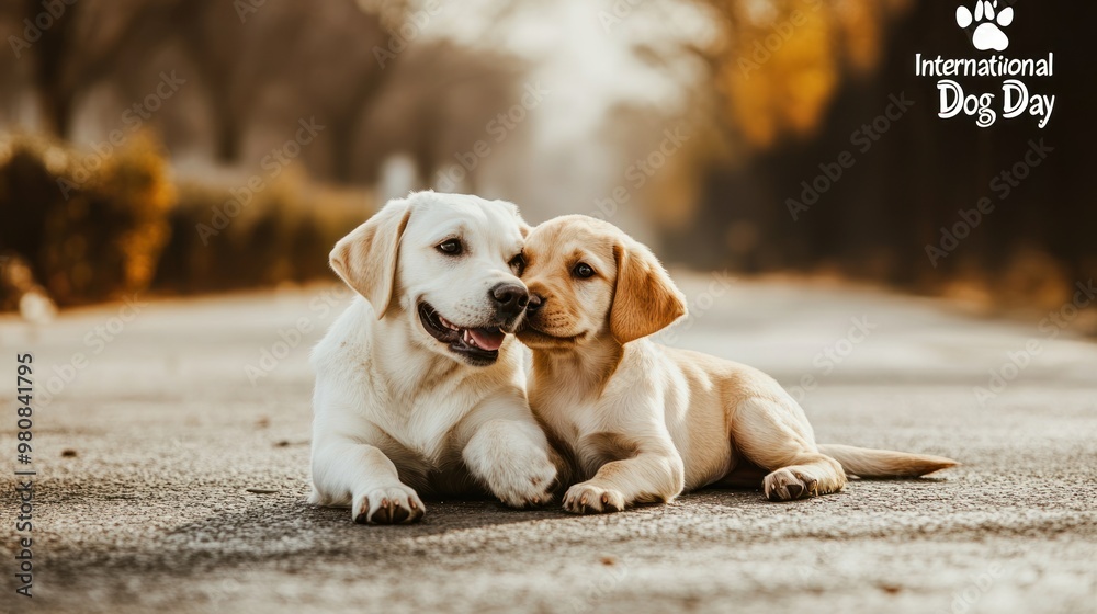 Two adorable labrador puppies play together on a sunlit path during International Dog Day celebration. Generative AI Two adorable labrador puppies play together on a sunlit path during International Dog Day celebration. Generative AI