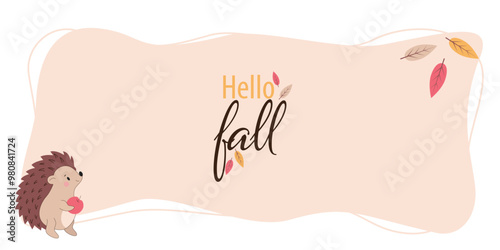 Obraz na płótnie Autumn cute animal. Background with autumn leaves and porcupine. Frame design with cute hedgehog and autumn leaves, nuts, and berries. Vector illustration. w salonie