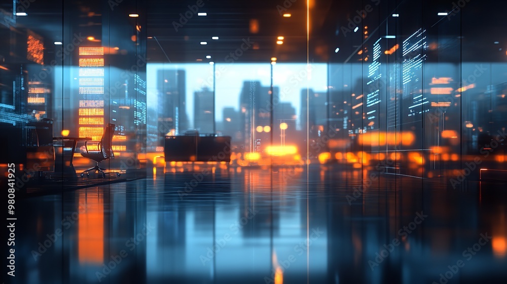 Blurred business office interior with panoramic windows and beautiful lighting with businesspeople