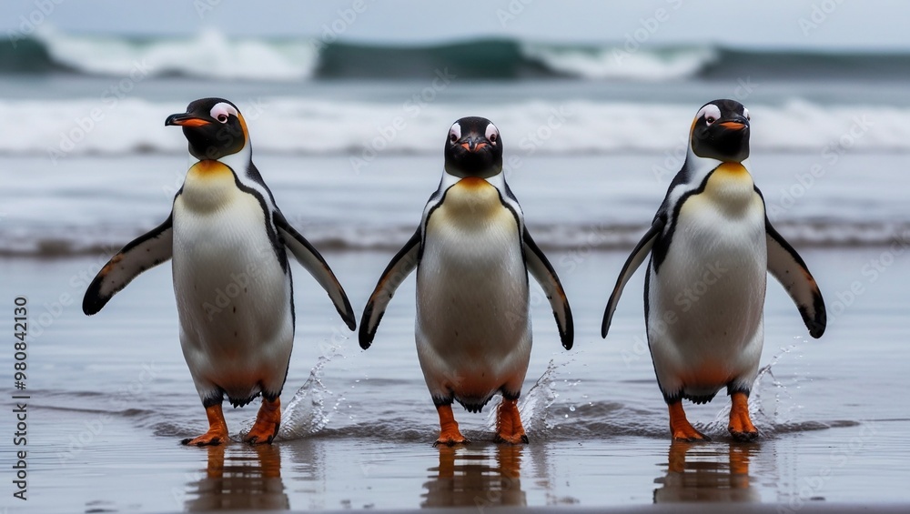 Fototapeta premium three penguins are standing on the beach, one of them is wearing orange and yellow.