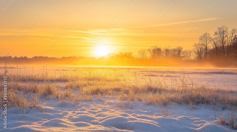Golden Sunrise Over Snowy Field