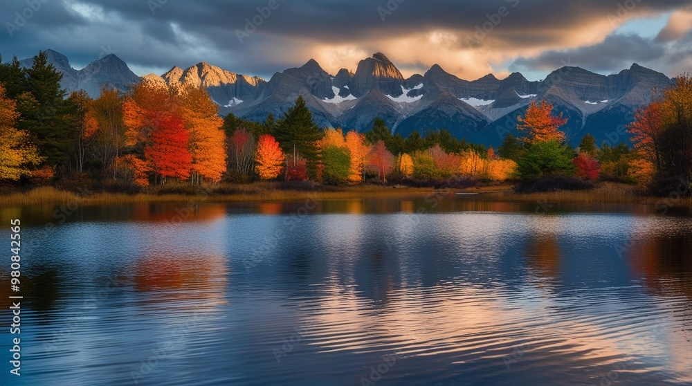 Fototapeta premium a mountain lake with a mountain in the background and a lake in the foreground.