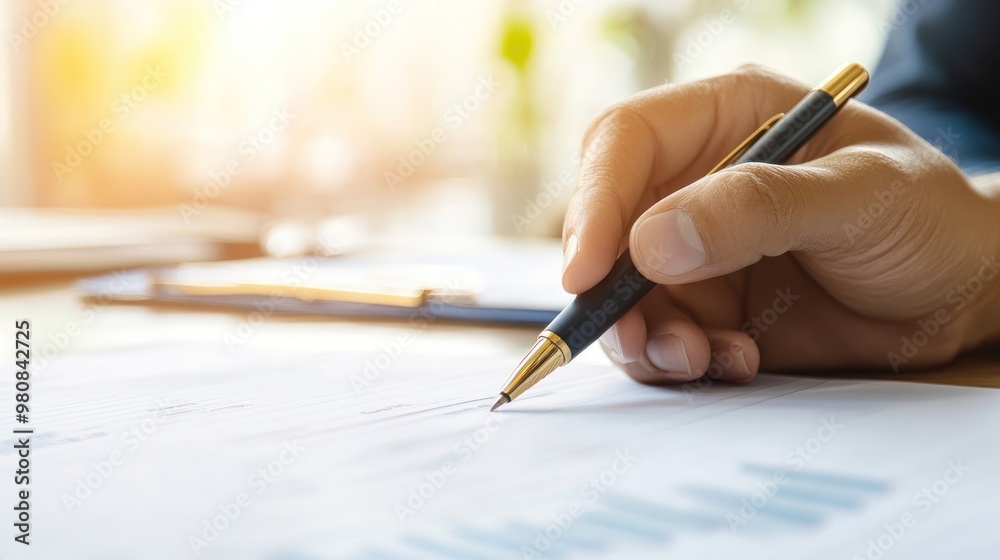A focused bank manager, reviewing a thick loan application file, with a pen in hand and thoughtful expression