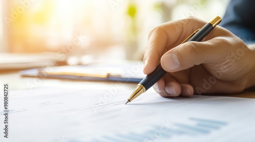 A focused bank manager, reviewing a thick loan application file, with a pen in hand and thoughtful expression photo