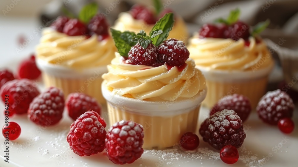 Delicious raspberry cupcakes adorned with fresh mint leaves on a stunning dessert table. Generative AI Delicious raspberry cupcakes adorned with fresh mint leaves on a stunning dessert table. Generative AI