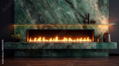 Modern fireplace with green marble and warm fire photo