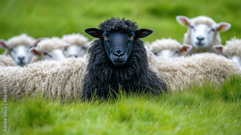 Fototapeta premium A black sheep stands out in the middle of a flock of white sheep, creating a striking contrast. Ideal for concepts of individuality, nature, and rural life.