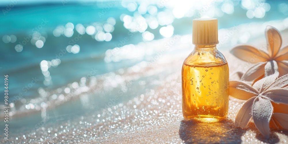Relaxing beach scene featuring an aromatic oil bottle and a tropical flower, perfect for wellness and spa themes. Relaxing beach scene featuring an aromatic oil bottle and a tropical flower, perfect for wellness and spa themes.