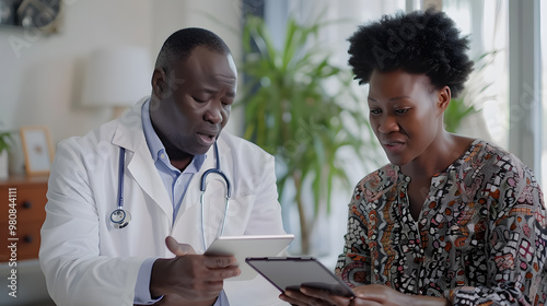 African American patient explaining issues to an Asian doctor using a tablet