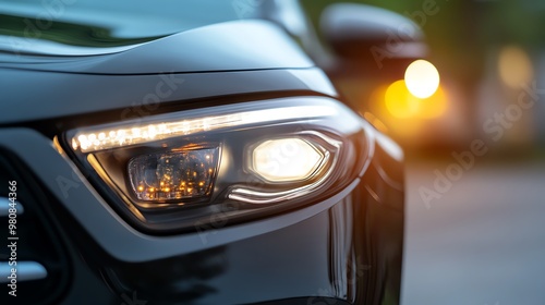 Close-up of a modern car's LED headlight glowing during the evening, showcasing automobile design and technology advancements. photo