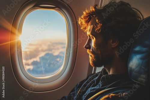 Man looking out the airplane window adult contemplation appliance. photo