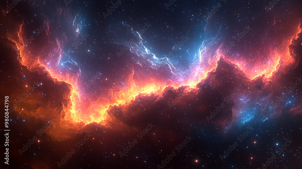 Fototapeta premium Stunning cosmic scene featuring vibrant colors of red, orange, and blue gases swirling in the vastness of space.