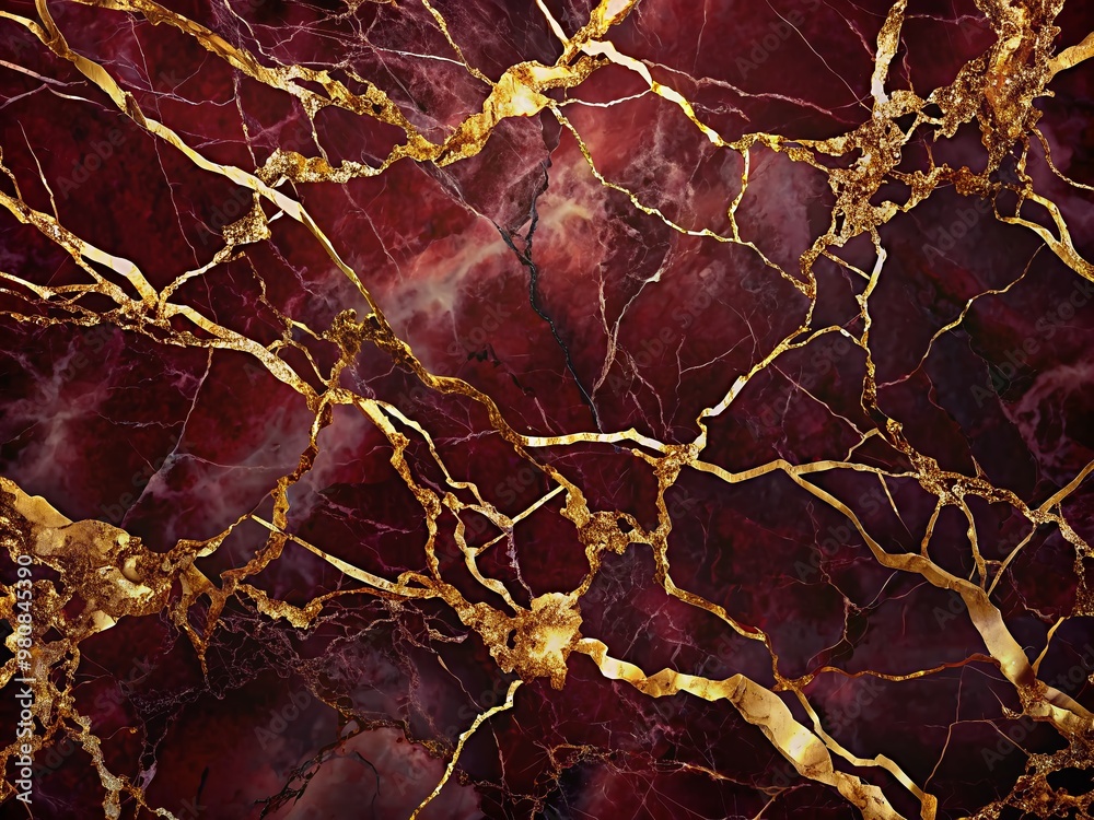Fototapeta premium Luxurious burgundy marble background features subtle veining patterns, paired with gold accents that evoke elegance, sophistication, and refinement, perfect for premium product displays.