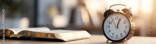 Vintage alarm clock and an open book on a desk with warm morning sunlight, representing peaceful and productive morning time.