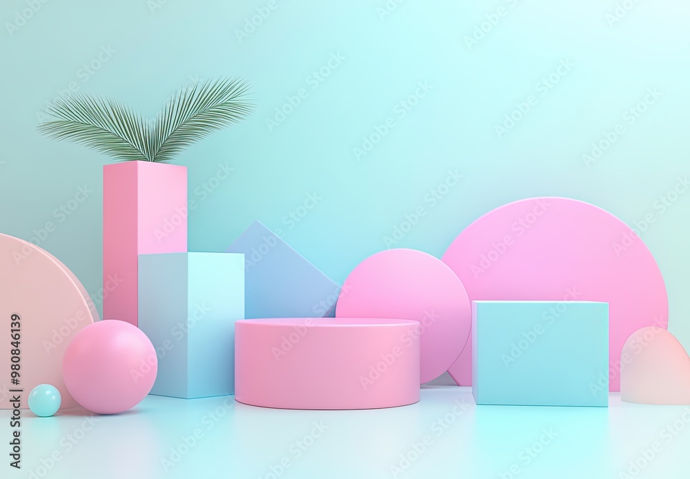 Fototapeta premium A pastel-toned 3D composition with geometric cubes and spheres arranged in a balanced style, ideal for sleek product presentations and tech visuals.