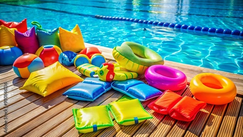 Colorful pool safety equipment, including inflatable arm bands, kickboards, and swimming vests, scattered around a photo