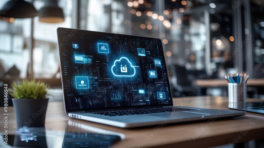 Laptop with cloud computing graphic in a modern office Laptop with cloud computing graphic in a modern office
