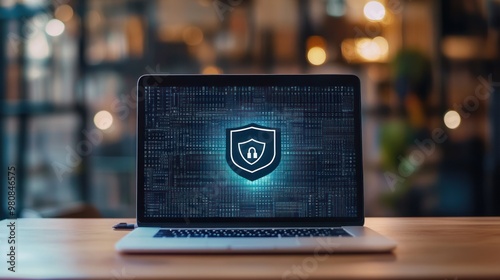 Laptop with security shield icon in high-tech office scene