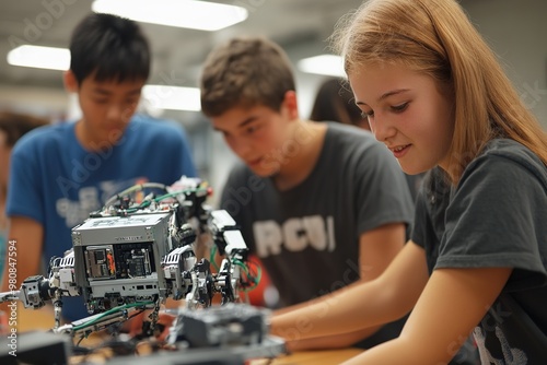 Teenagers engaging with advanced robotics project