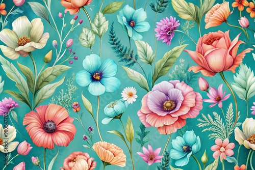 Vibrant turquoise background adorned with delicate, soft-petaled flowers, including poppies and iris, in a seamless, repeating pattern of pastel hues, perfect for wallpaper or textile design.