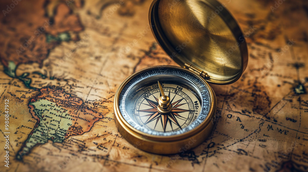 An antique brass compass on map of the world An antique brass compass on map of the world