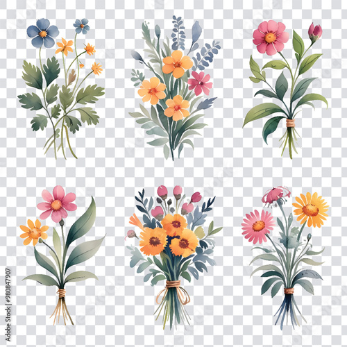 Watercolor flowers and bunches of flowers isolated on a transparent background. AI generated
