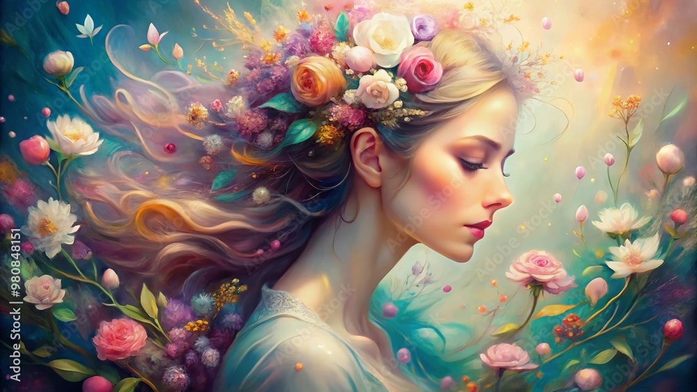 Vibrant, swirling abstract portrait featuring delicate flowers, soft petals, and gentle curves, evoking a sense of feminine beauty and whimsical elegance in dreamy colors. Vibrant, swirling abstract portrait featuring delicate flowers, soft petals, and gentle curves, evoking a sense of feminine beauty and whimsical elegance in dreamy colors.