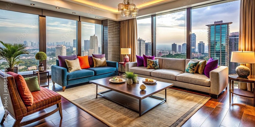 Contemporary Indian living room with sleek furniture, vibrant textiles, and urban views, showcasing modern interior Contemporary Indian living room with sleek furniture, vibrant textiles, and urban views, showcasing modern interior