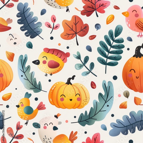 Wallpaper Mural Cute pumpkins, birds, and autumn leaves in vibrant colors. A cheerful image perfect for fall-themed designs or seasonal decorations Torontodigital.ca