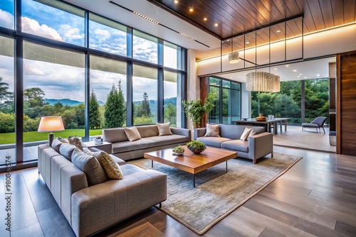 Contemporary living room with sleek lines, minimalist decor, and floor-to-ceiling windows, highlighting modern photo