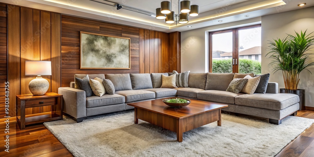 Contemporary living room with sleek gray sectional sofa, rich wood accents, and plush cream-colored carpet, surrounded Contemporary living room with sleek gray sectional sofa, rich wood accents, and plush cream-colored carpet, surrounded