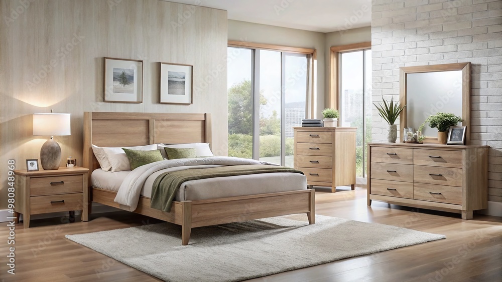 Fototapeta premium Coordinated four-piece modern bedroom furniture set, featuring a bed, nightstand, dresser, and mirror, in a