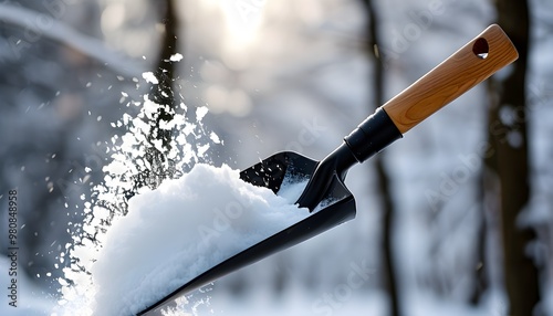 Black shovel with wooden handle catching falling snowflakes as it tips, revealing a blanket of white snow below photo