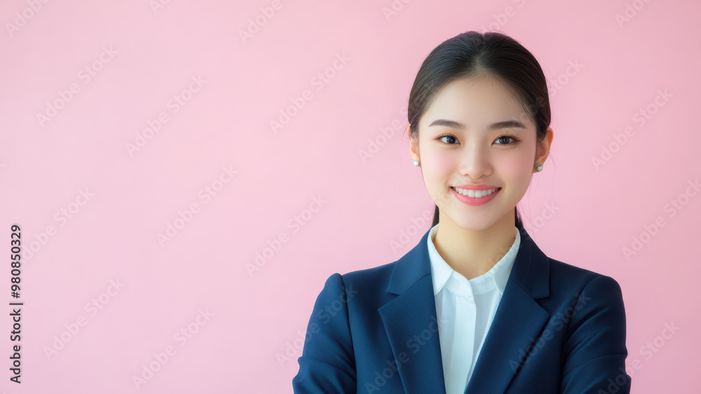 young Japanese woman in business attire stands with confidence against a pastel pink background, her posture and expression emphasizing a balance of professionalism. young Japanese woman in business attire stands with confidence against a pastel pink background, her posture and expression emphasizing a balance of professionalism.