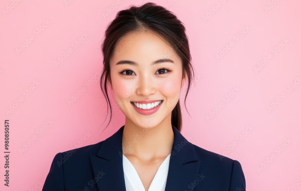young Japanese woman in business attire stands with confidence against a pastel pink background, her posture and expression emphasizing a balance of professionalism. young Japanese woman in business attire stands with confidence against a pastel pink background, her posture and expression emphasizing a balance of professionalism.