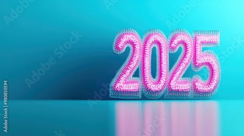 The number "2025" rendered in a futuristic, rounded font, with a neon glow and a dynamic, fluid motion blur effect.