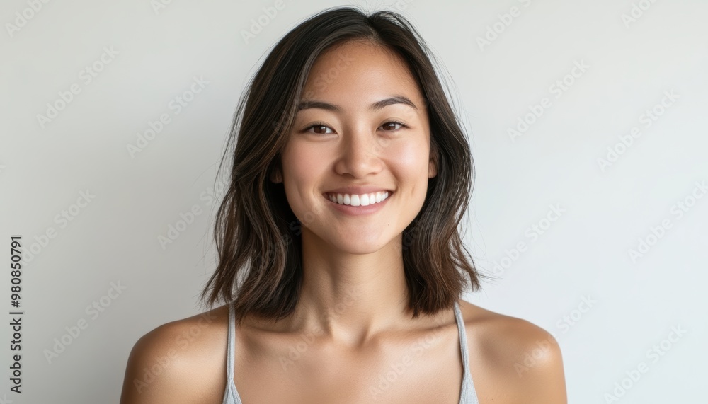 A senior Asian woman with shoulder-length hair poses in a bikini, exuding confidence and grace against a clean white background. A senior Asian woman with shoulder-length hair poses in a bikini, exuding confidence and grace against a clean white background.