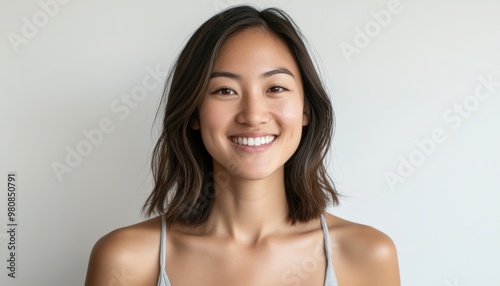 A senior Asian woman with shoulder-length hair poses in a bikini, exuding confidence and grace against a clean white background. photo