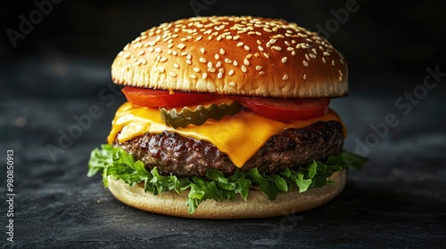 A mouth-watering cheeseburger with melted cheese, crispy lettuce, and ripe tomatoes, perfectly arranged in a sesame bun.