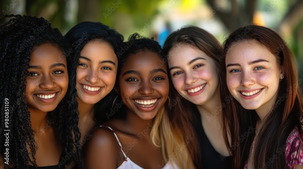 Diverse group of happy women of various races and ethnicities smiling outdoors, including Caucasian, African American, Asian, and Latina women, showcasing their unique features. Diverse group of happy women of various races and ethnicities smiling outdoors, including Caucasian, African American, Asian, and Latina women, showcasing their unique features.