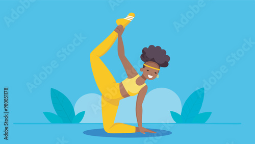 A woman in yellow sportswear smiles while doing a yoga pose, standing on one leg with the other raised. A serene scene with leaf patterns in the background.