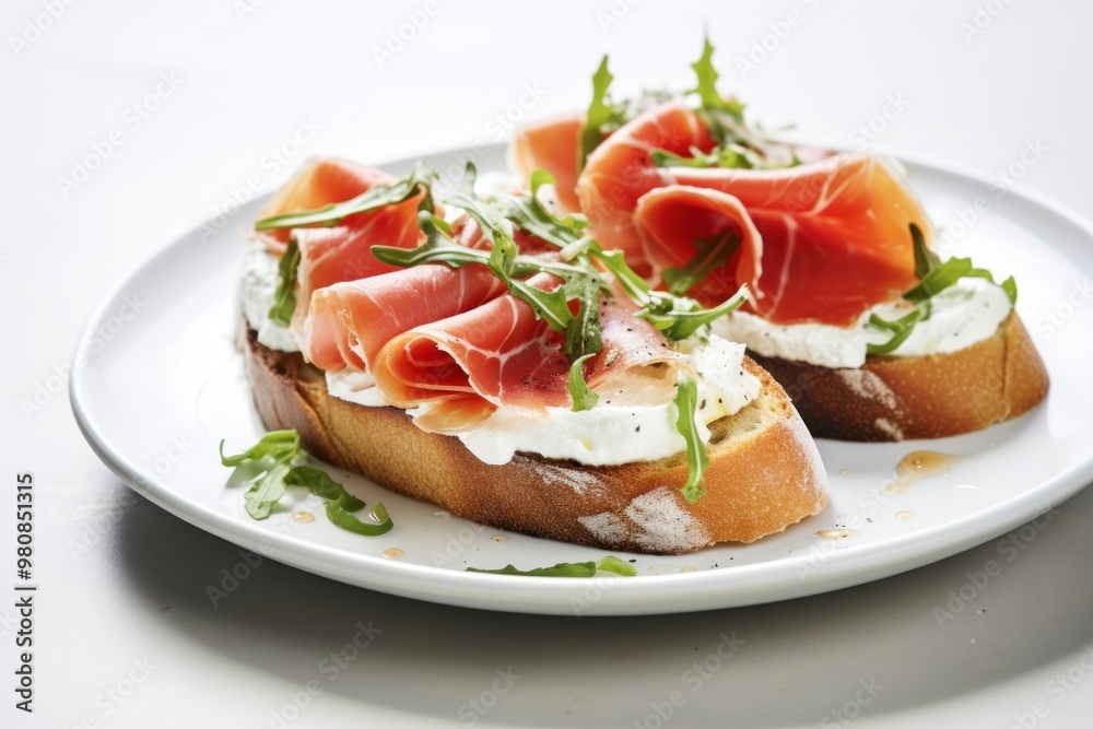 Prosciutto Bruschetta prosciutto vegetable arugula. Prosciutto Bruschetta prosciutto vegetable arugula.