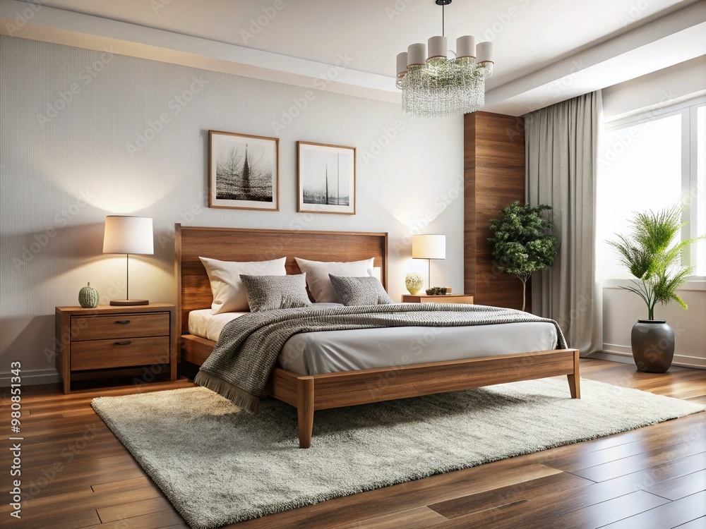 Cozy bedroom showcasing a sleek, modern wooden bed frame, matching nightstands, and a plush area rug, set against Cozy bedroom showcasing a sleek, modern wooden bed frame, matching nightstands, and a plush area rug, set against