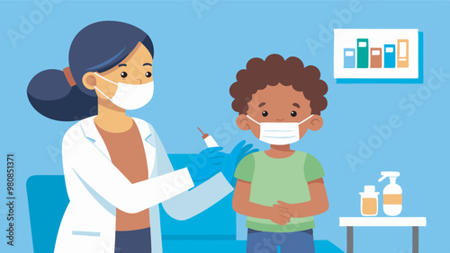 In a medical setting, a doctor prepares to vaccinate a young boy, following healthcare protocols. Both wearing masks, they face the camera in a clinical environment.