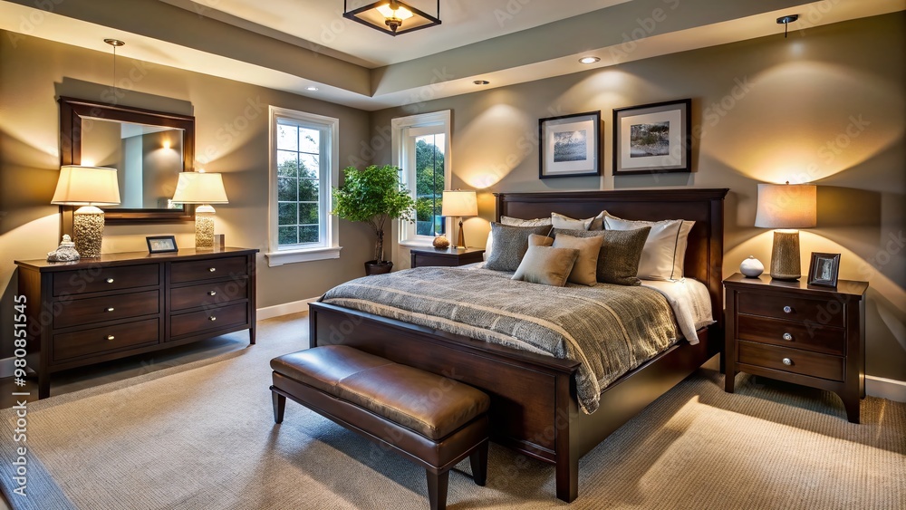 Cozy bedroom with dark wood furniture, neutral-toned bedding, and warm lighting, evoking a sense of comfort and Cozy bedroom with dark wood furniture, neutral-toned bedding, and warm lighting, evoking a sense of comfort and