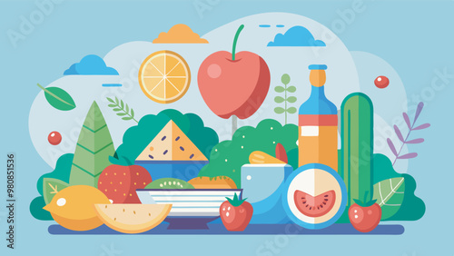Vibrant and healthful food composition on notebook, featuring fruits, veggies, and condiments. Fresh, lush table setting exudes a healthy ambiance with natural design motifs.