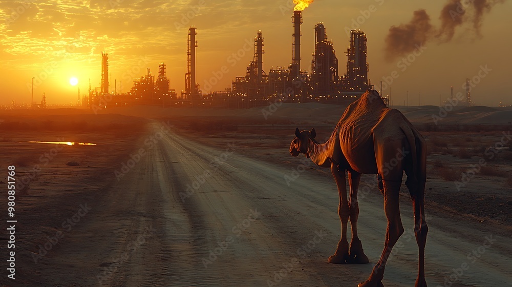 Naklejka premium A lone camel stands on a dirt road in the desert, with an industrial complex silhouetted against the setting sun.