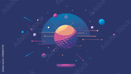 Abstract artwork showcases central purple planet surrounded by smaller planets against starry outer space backdrop. Colors evoke galactic exploration, hinting at a Star Wars theme.